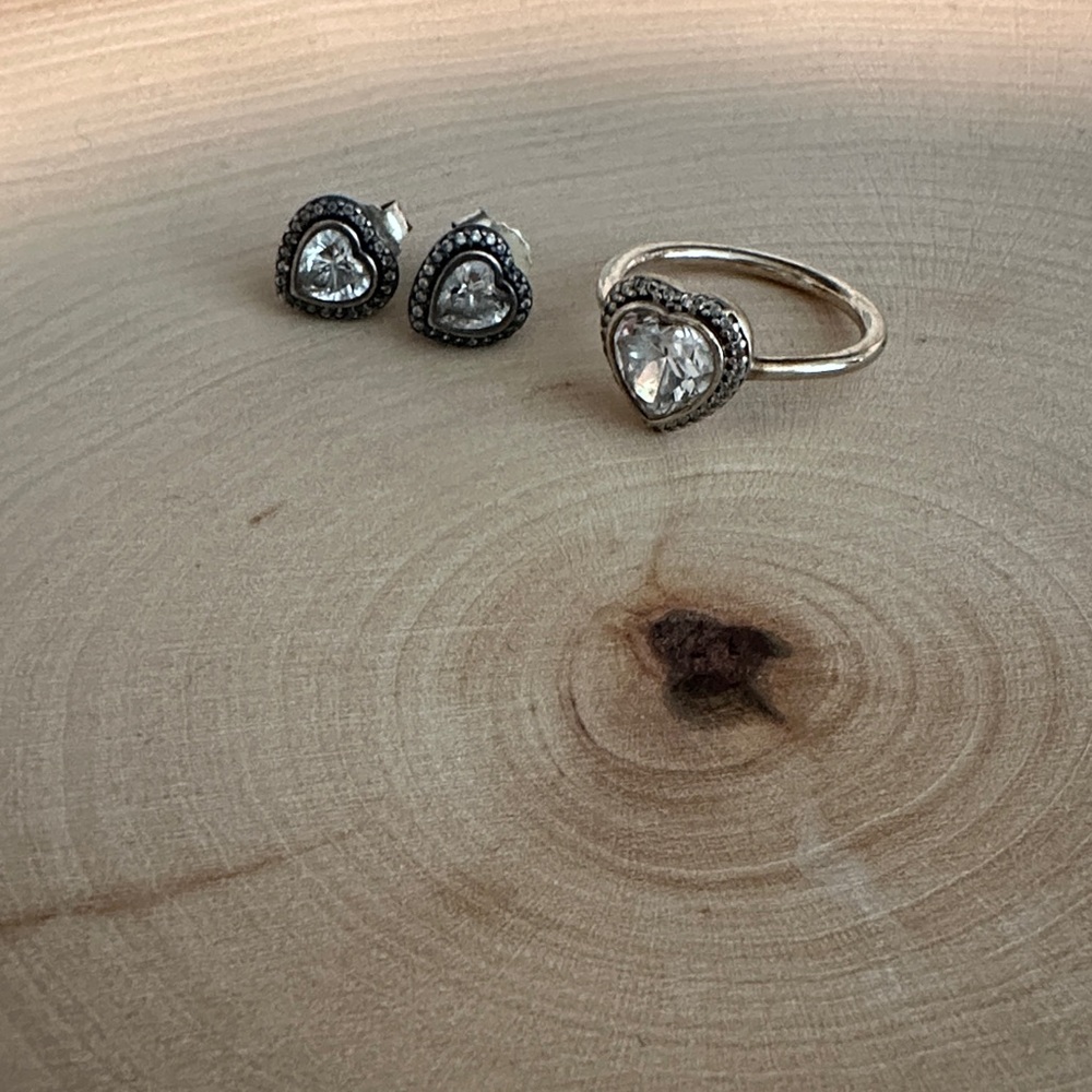 Pandora Silver Heart Earrings and Ring Set
